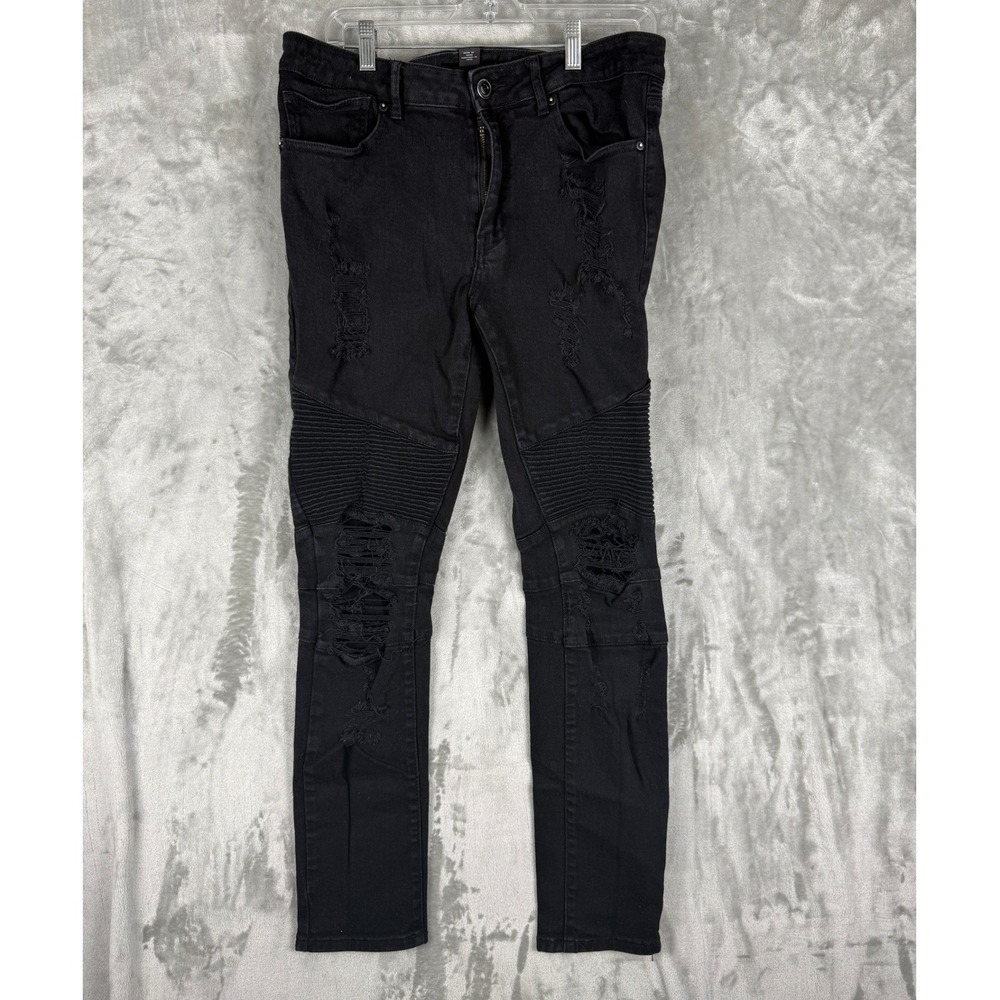 Forever 21 Men Black Moto Jeans Distressed Ripped‎ Biker Style Slim Fit 34x32